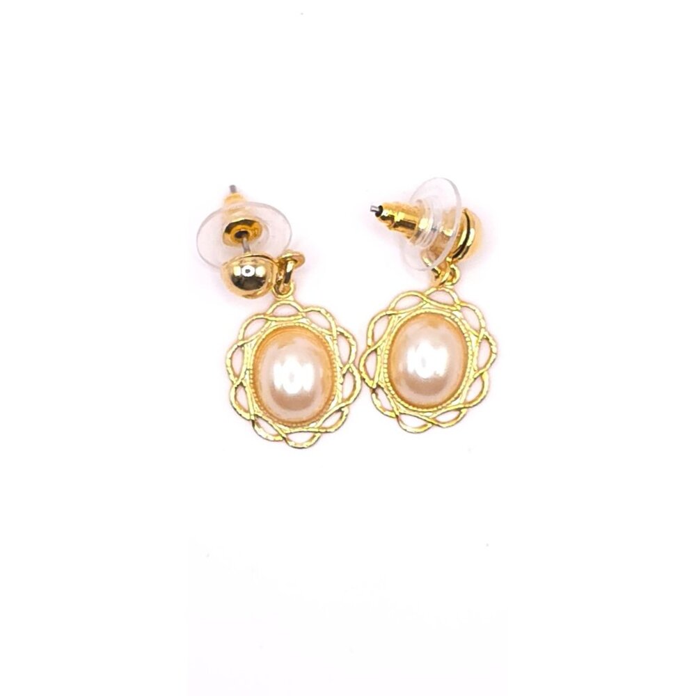 Vintage Gold Tone Pearl Filigree Dangle Earrings Elegant Feminine Jewelry - Picture 5 of 5